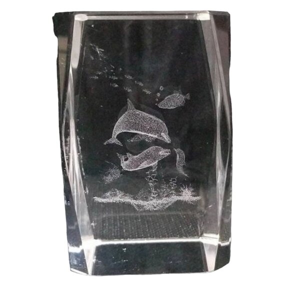 3D Etched Crystal Glass Dolphin Figurine Paperweight With Marine Life Scene Rect - Picture 2 of 8